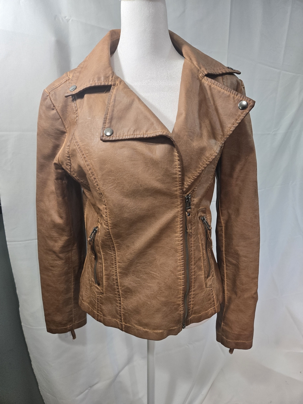 Max Studio Tan Faux Leather Moto Jacket, Womens Size Small.